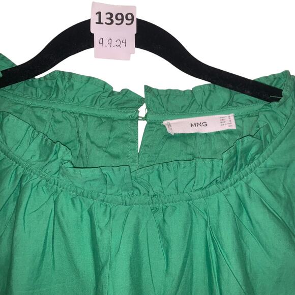 Kelly Green Dress, Ruffle Waist, Linen, Ruffle Neckline, A-line, MNG , 8, Green - Picture 2 of 3